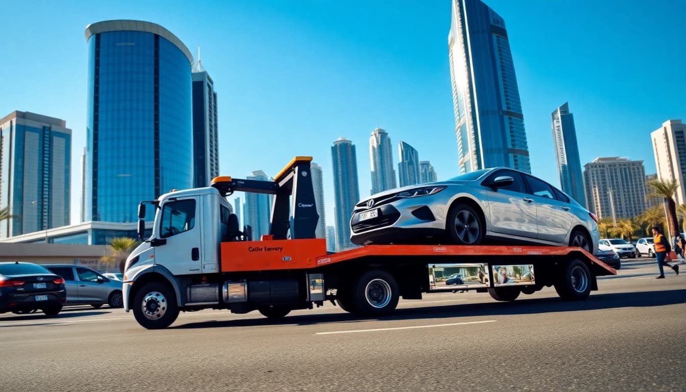 Fast and reliable car recovery services from https://trtrecoveryuae.com in action on a sunny day in Dubai.