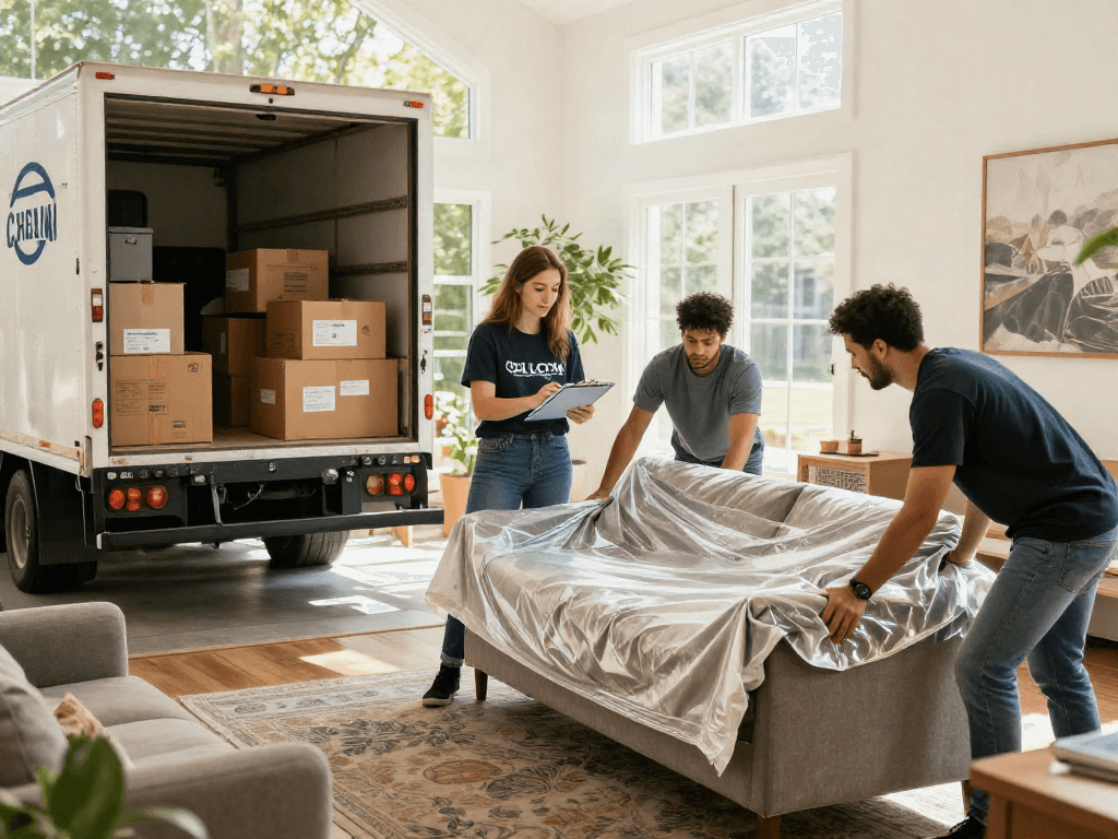 Efficient professional movers carefully organizing furniture during a move in Asheville, ensuring a smooth relocation experience.