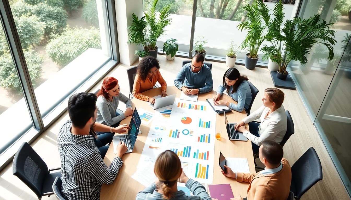 Engaged professionals strategizing marketing plans at https://fhpts.com in a modern office setting.