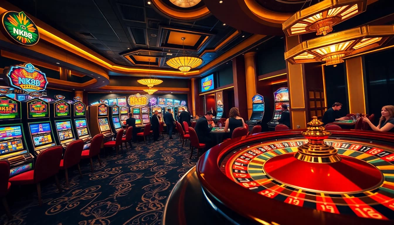 NK88 branded poker chips on a luxurious table amidst a vibrant casino scene.