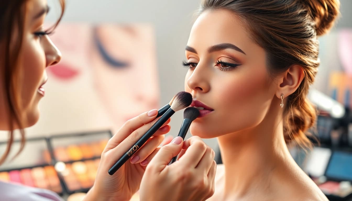 Expert applying makeup with makeup blending brushes, showcasing precision and artistry.