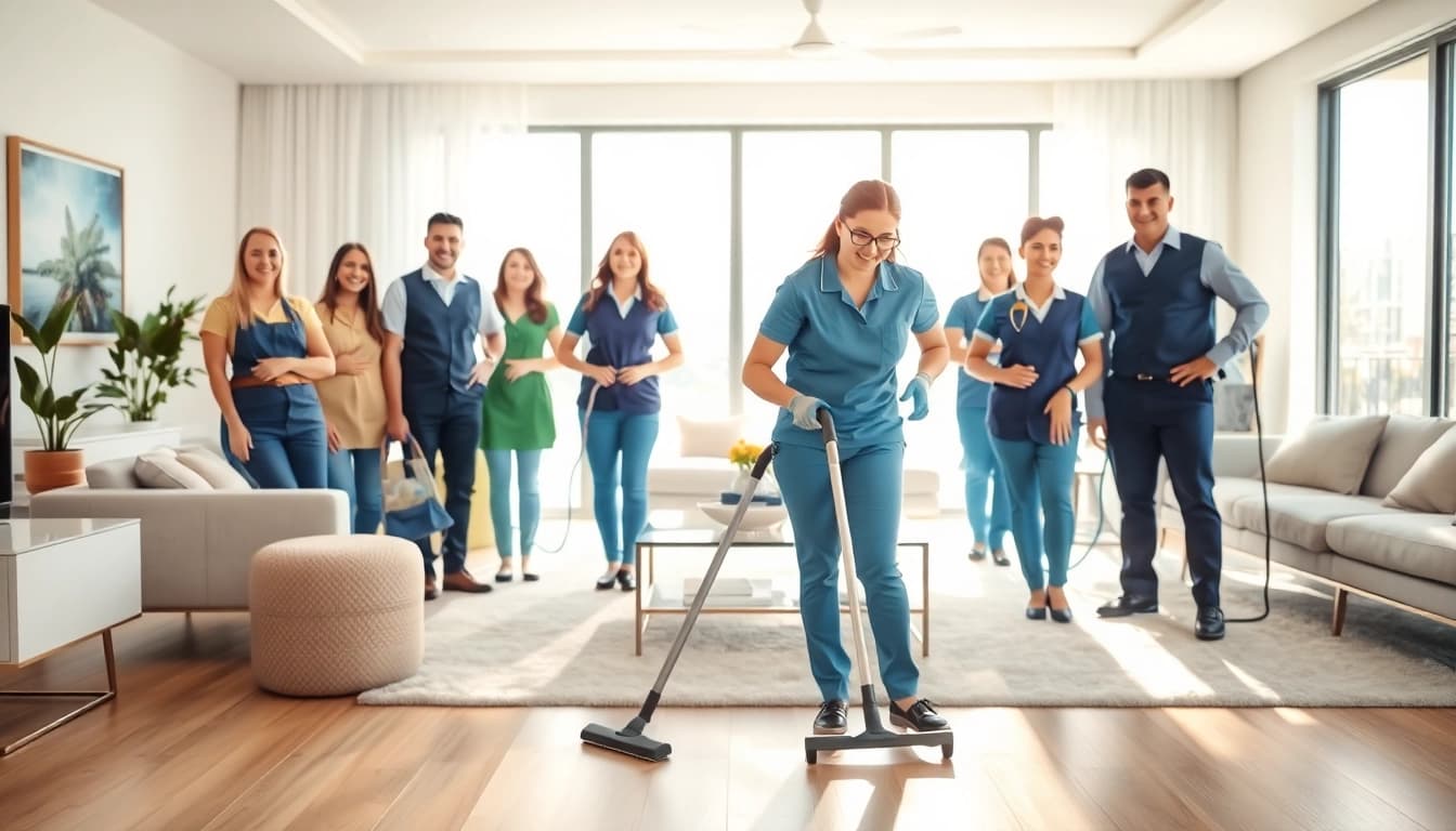 Engaging scene of a professional cleaning service team enhancing a home with meticulous attention.