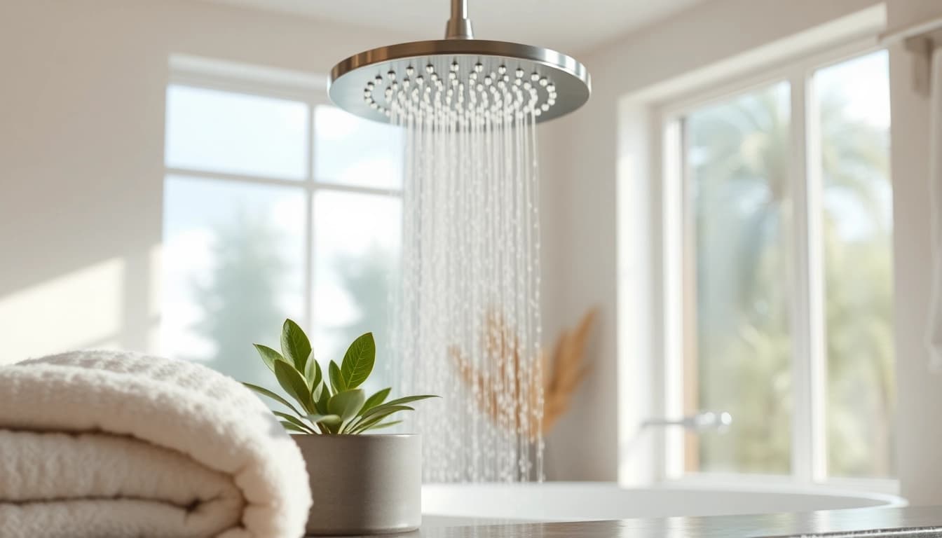 Experience elegant showers Australia with a modern rain showerhead set in a minimalist bathroom.