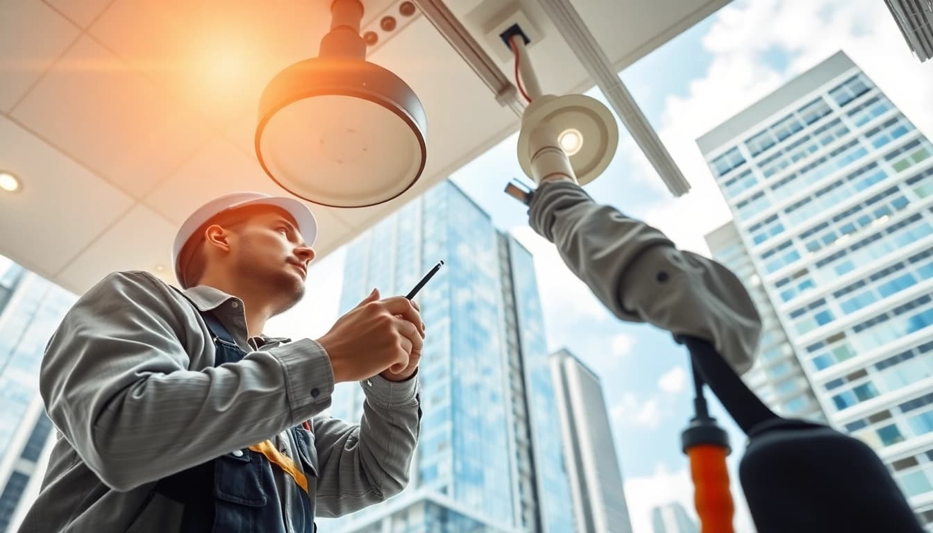 Expert performing lighting maintenance on a modern building, ensuring optimal efficiency.