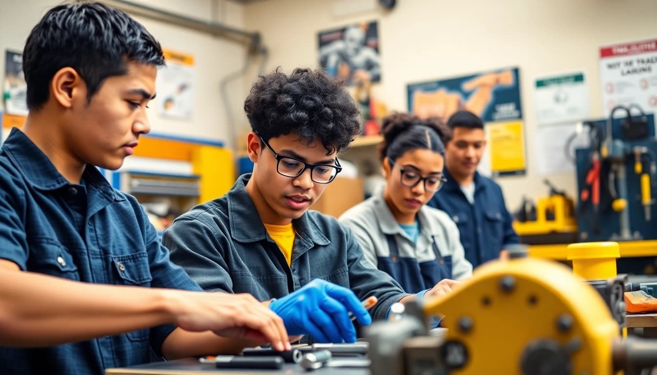 Students learning at trade schools in Southern California, showcasing hands-on skills and teamwork.