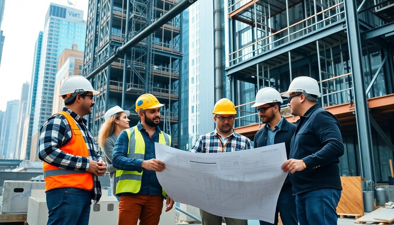Team of Manhattan Commercial General Contractor experts working on a building project, discussing plans on-site.