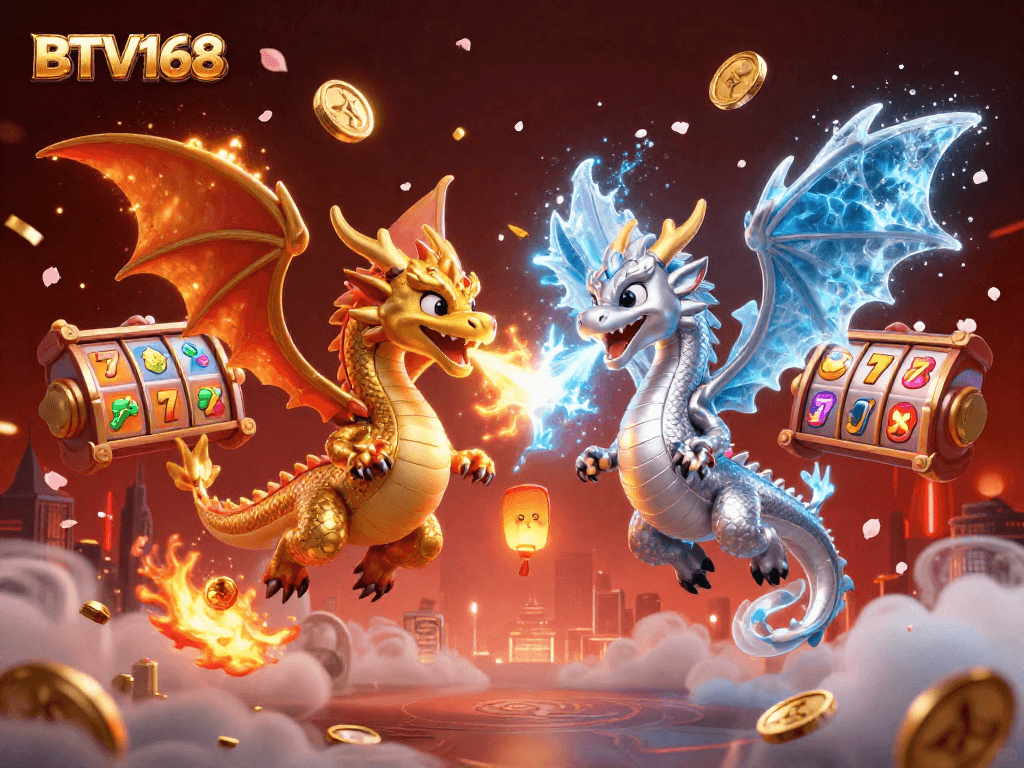 BTV168 features a captivating 3D scene with golden and silver dragons amidst slot reels and fireworks