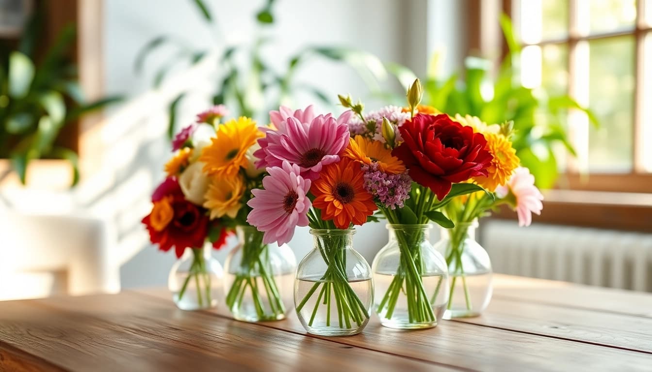 Beautifully arranged bud vases with colorful flowers on a rustic table creating a warm atmosphere.