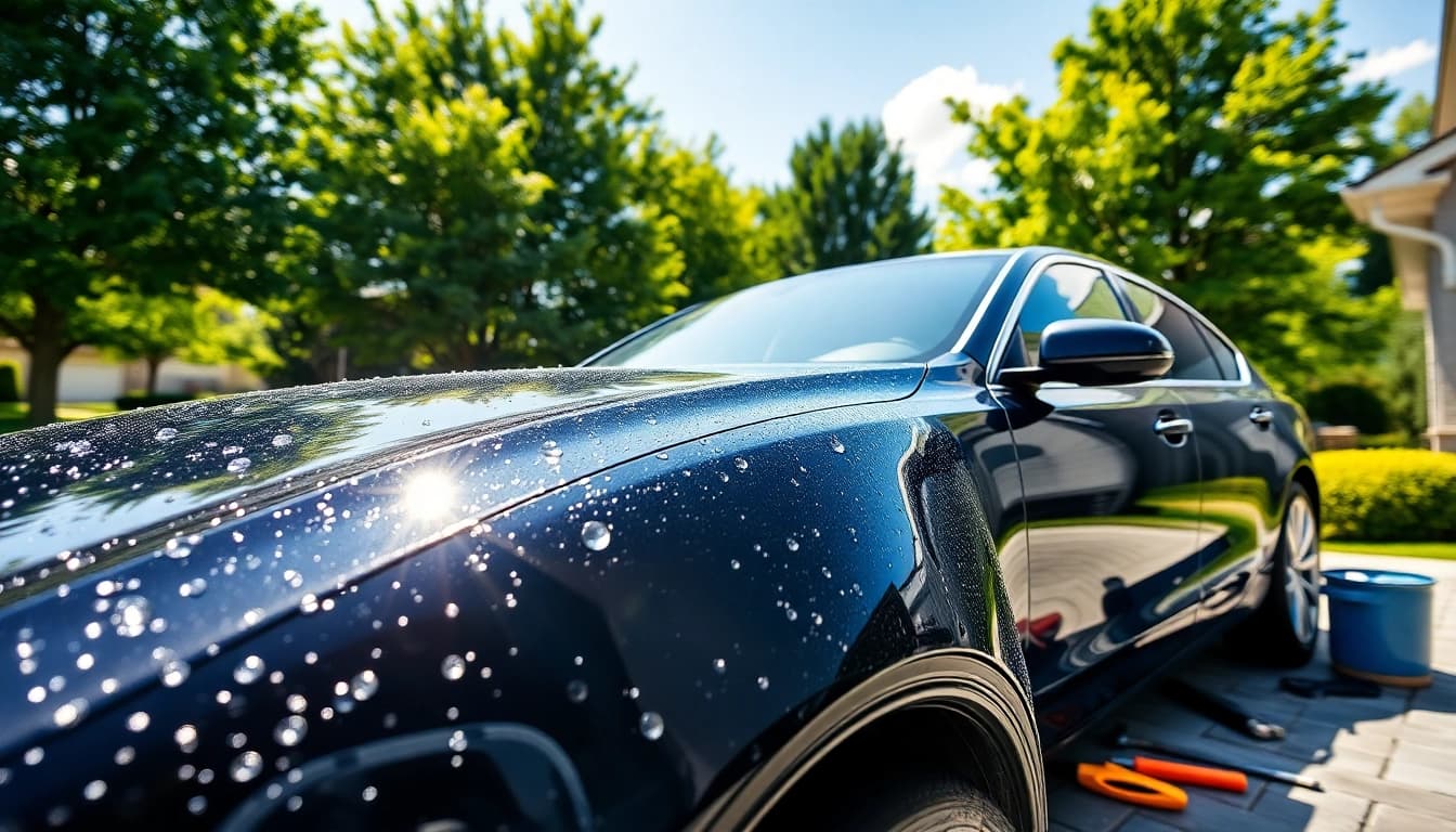 Mobile car detailing Palm Beach County shines as a professional service enhances a sedan's look in a picturesque driveway.