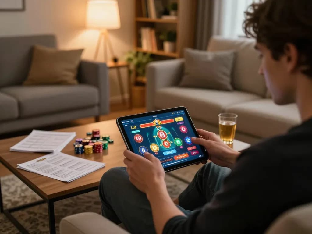 Lô đề online gameplay on a tablet in a cozy living room with strategy notes nearby.