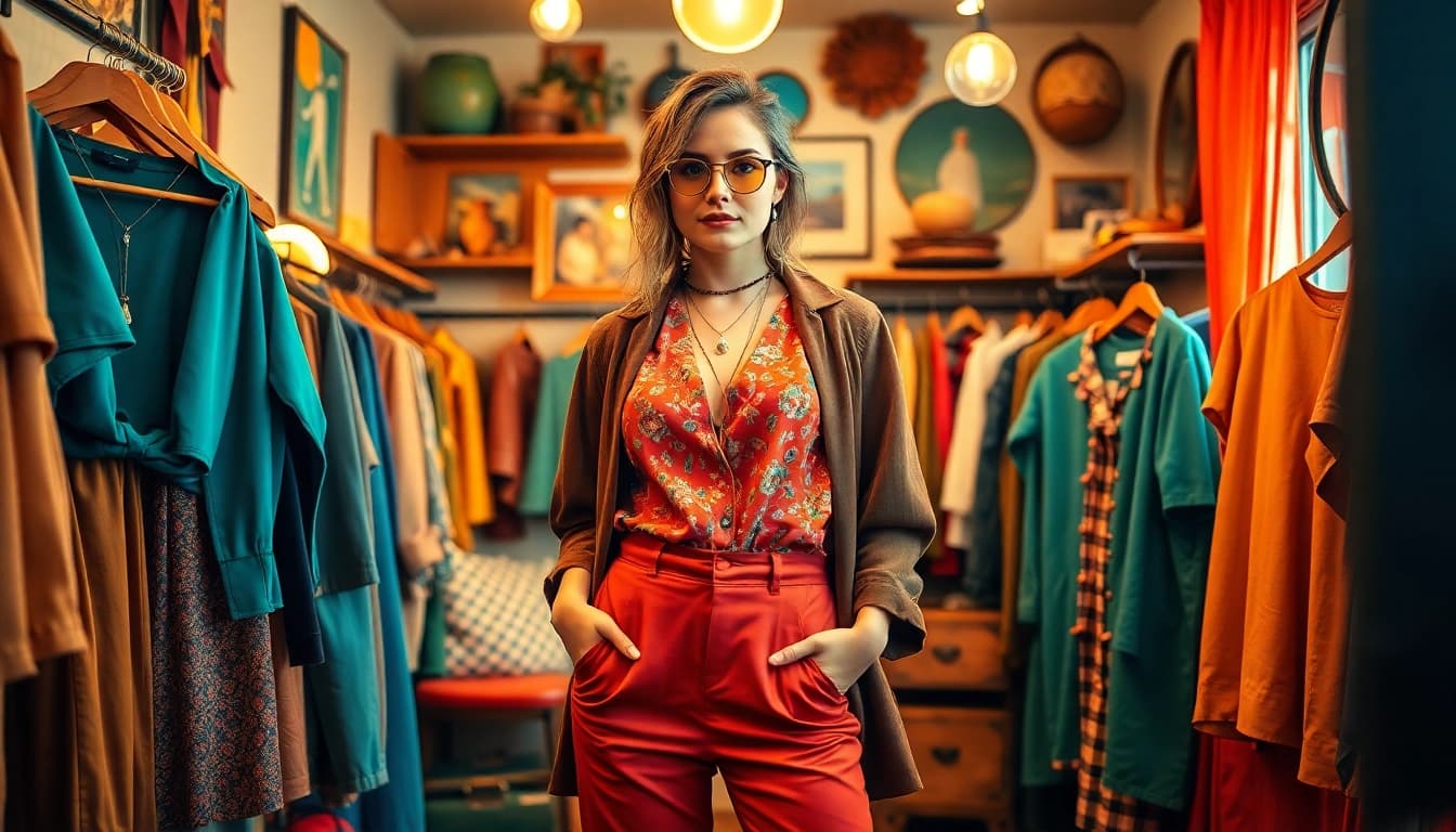 Showcase a stylish outfit from https://thrift-vintage.com/ in a cozy vintage setting.