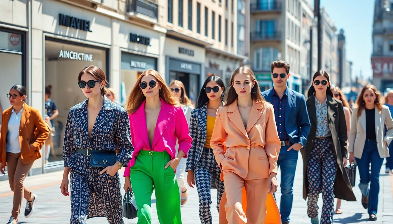 Fashionable models showcasing vibrant attire in an urban setting with unique styles.