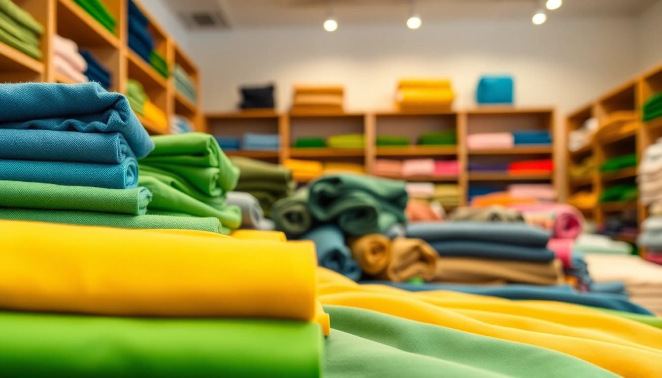 Bekijk goedkope katoen in een gezellige stoffenwinkel met kleurrijke materialen.
