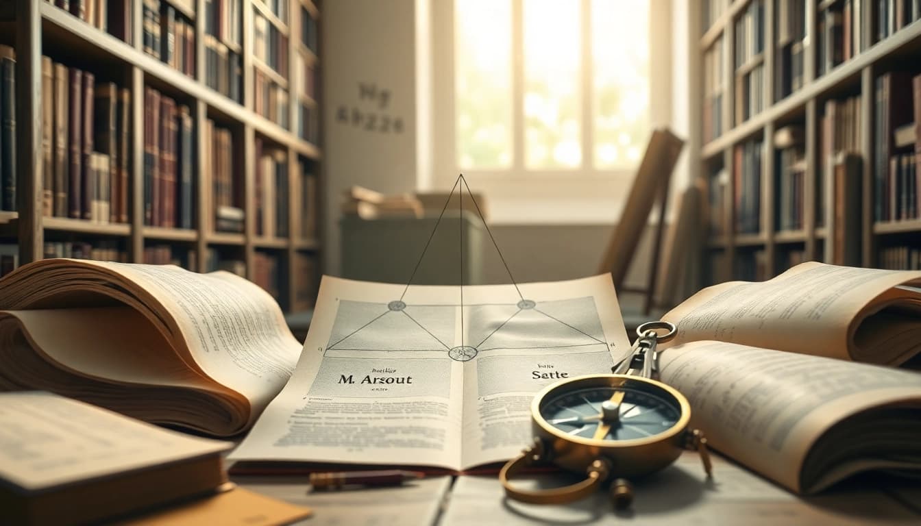 Visualize algorithm etymology through an abstract diagram surrounded by historical mathematical texts.
