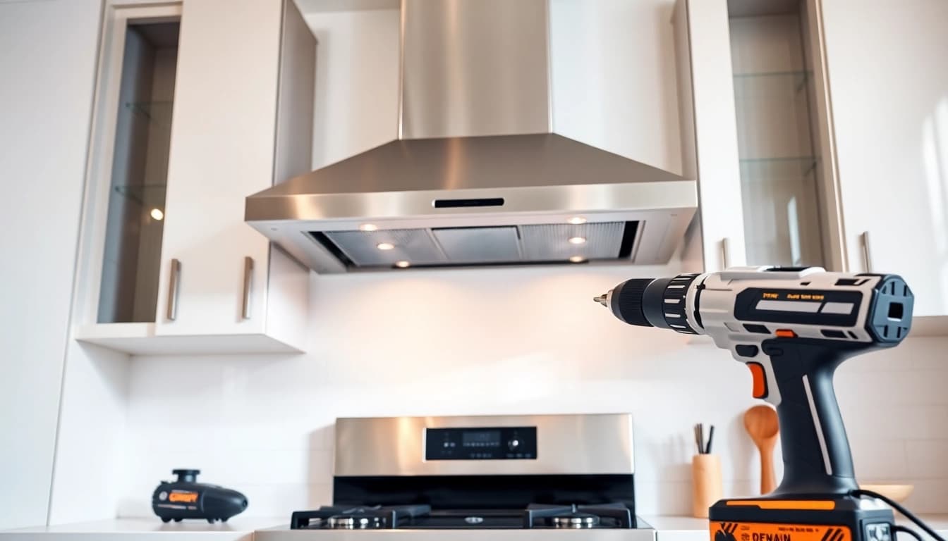 Range Hood Installation showcasing a sleek stainless steel unit being installed in a modern kitchen.
