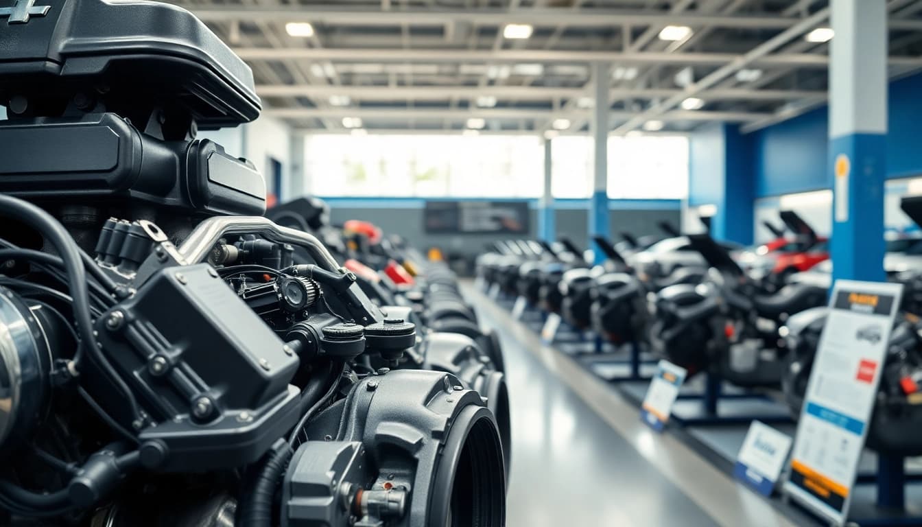 Showcasing various used engines in a modern showroom with bright lighting.