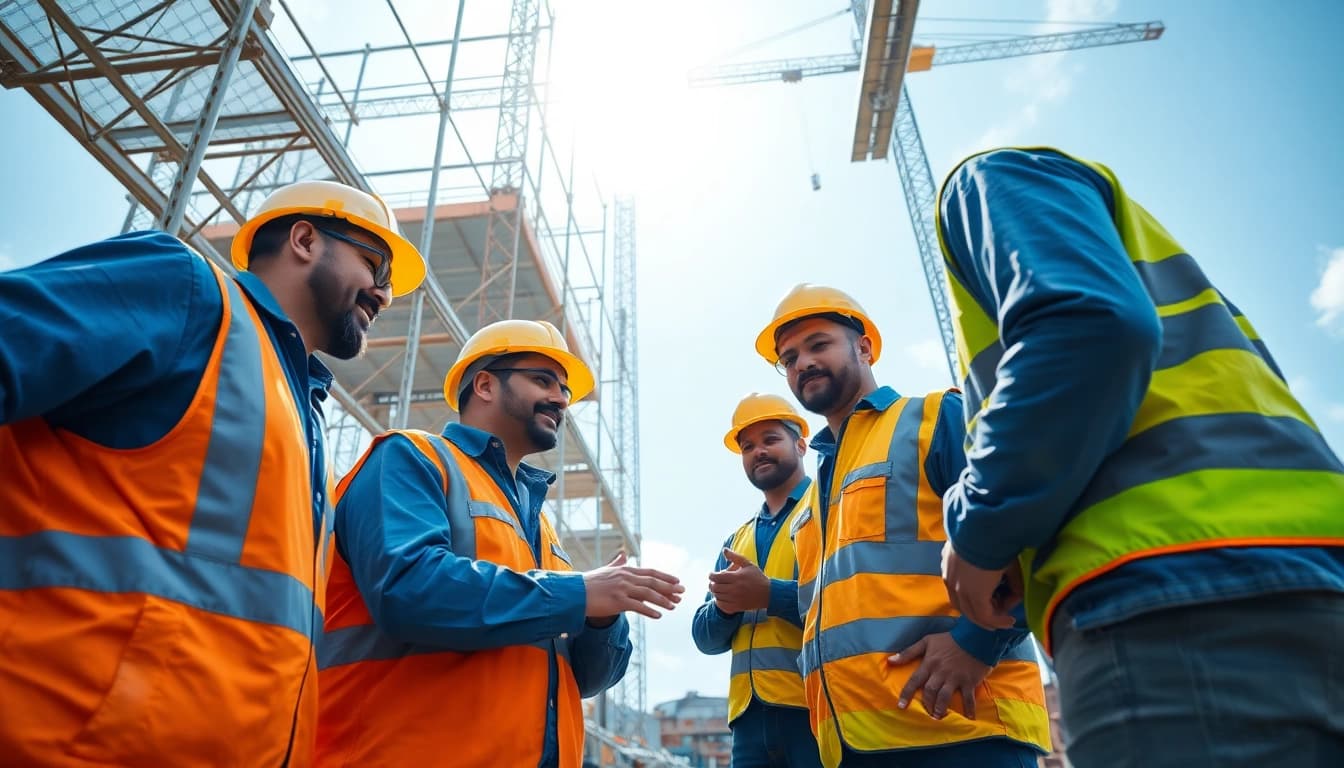 Engaged construction workers demonstrating teamwork on-site in a bustling construction career atmosphere.