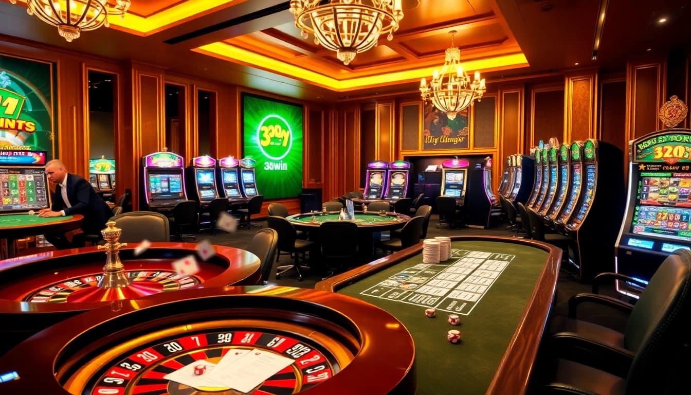 Gamblers strategizing with poker chips at the vibrant 32win casino scene.
