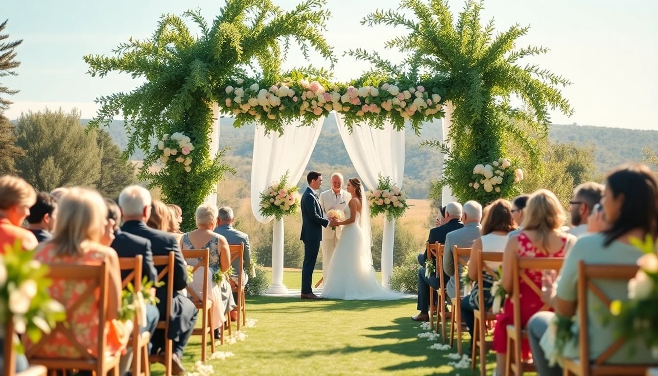 Couple exchanging vows at wedding venues northern California amidst lush greenery and flowers