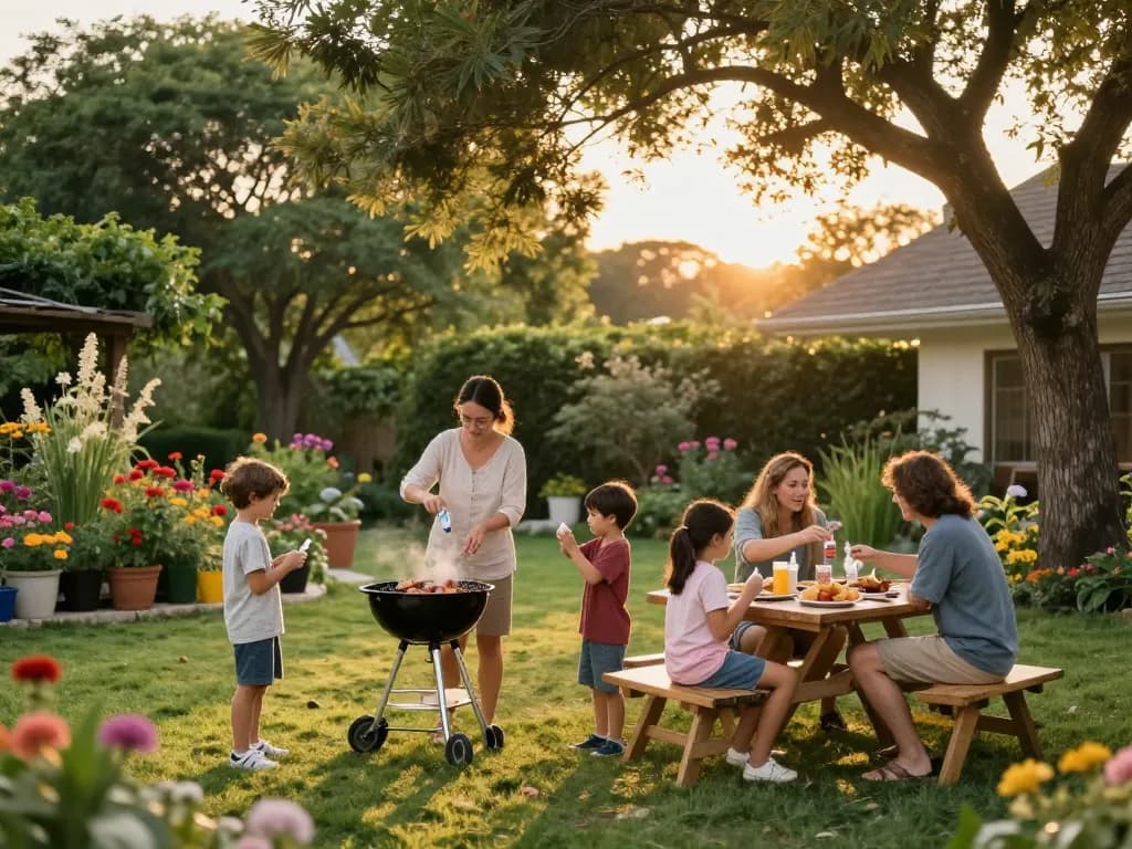 Family applying the best mosquito repellent while enjoying a barbecue in their backyard.