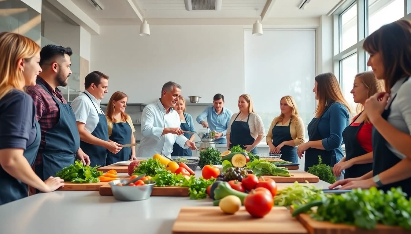 Engaged participants learning culinary skills at Dish Facts cooking class in a vibrant kitchen.