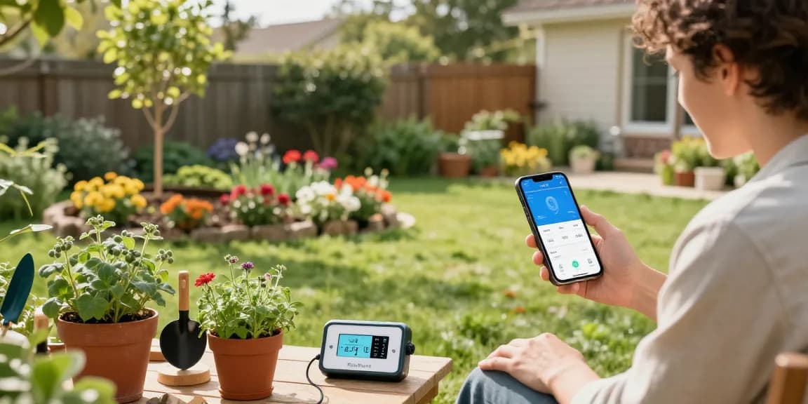 Rainpoint Irrigation Controllers displayed in a garden setting with vibrant plants and a smartphone app monitoring soil moisture and watering.
