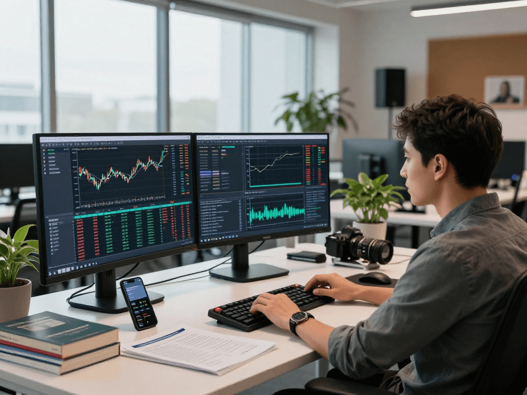 TradingView官网实时行情分析,交易者操作多个显示器,展现技术指标与社区观点。