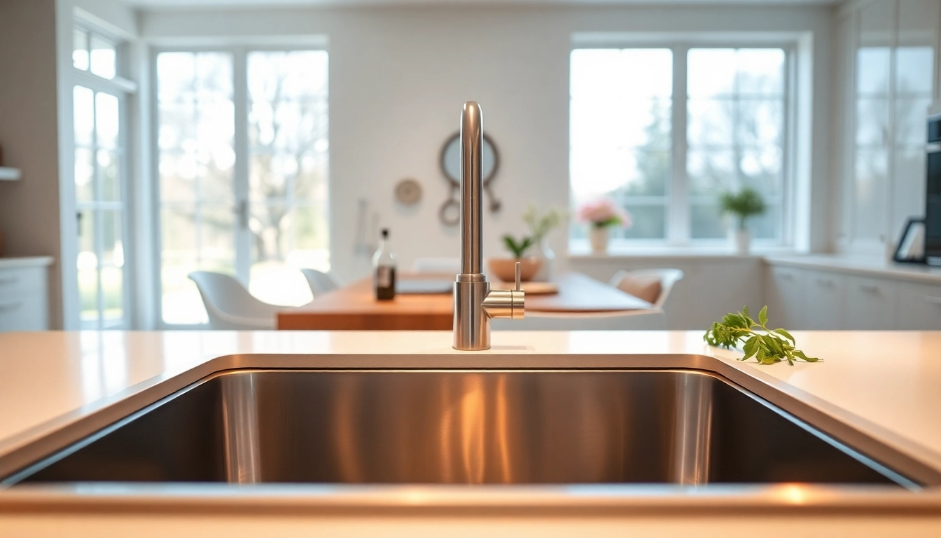 Installing a stainless steel kitchen sink near me showcased in a modern kitchen setting.