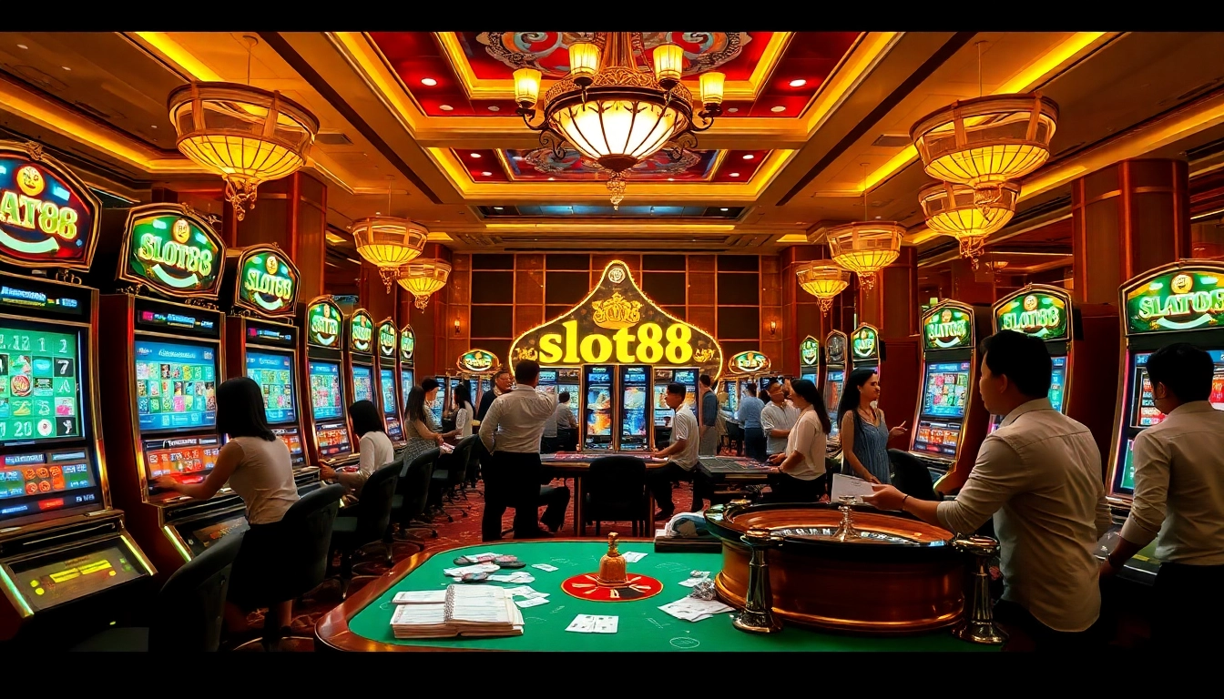 Players reveling in the excitement of slot88 gacor at a luxurious casino, showcasing vibrant slot machines and roulette.