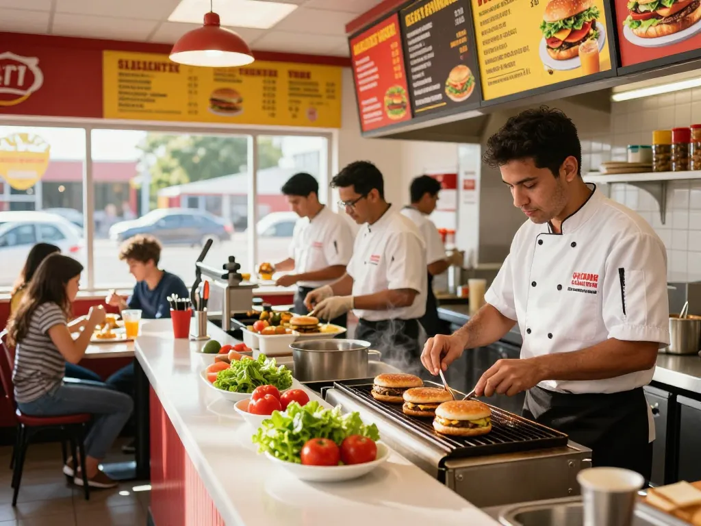 Fast food prices displayed in a busy restaurant with chefs preparing meals