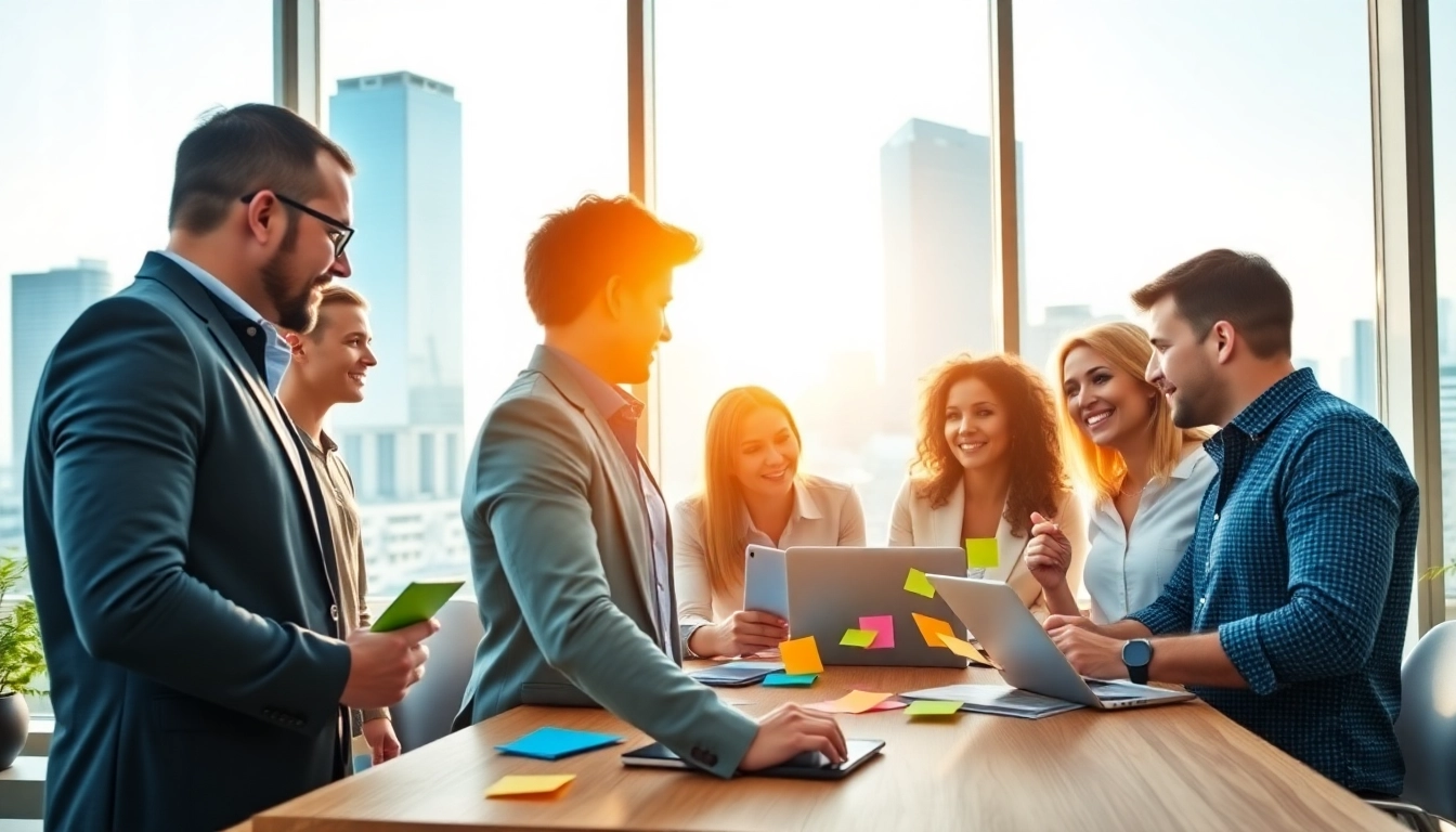 Engaging professionals collaborating on business growth insights in a modern office environment.