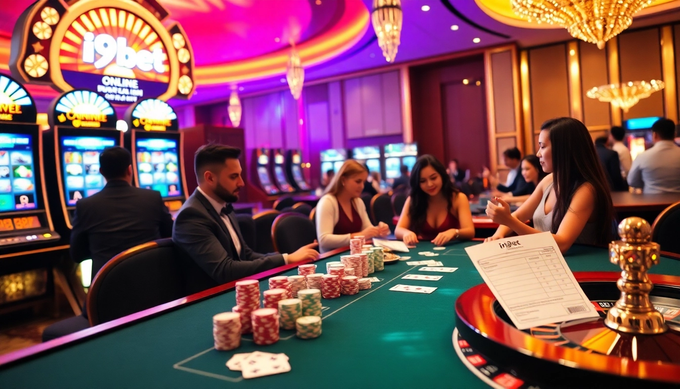 Players enjoying a thrilling game experience at i9bet's online casino with vibrant slot machines and poker tables.