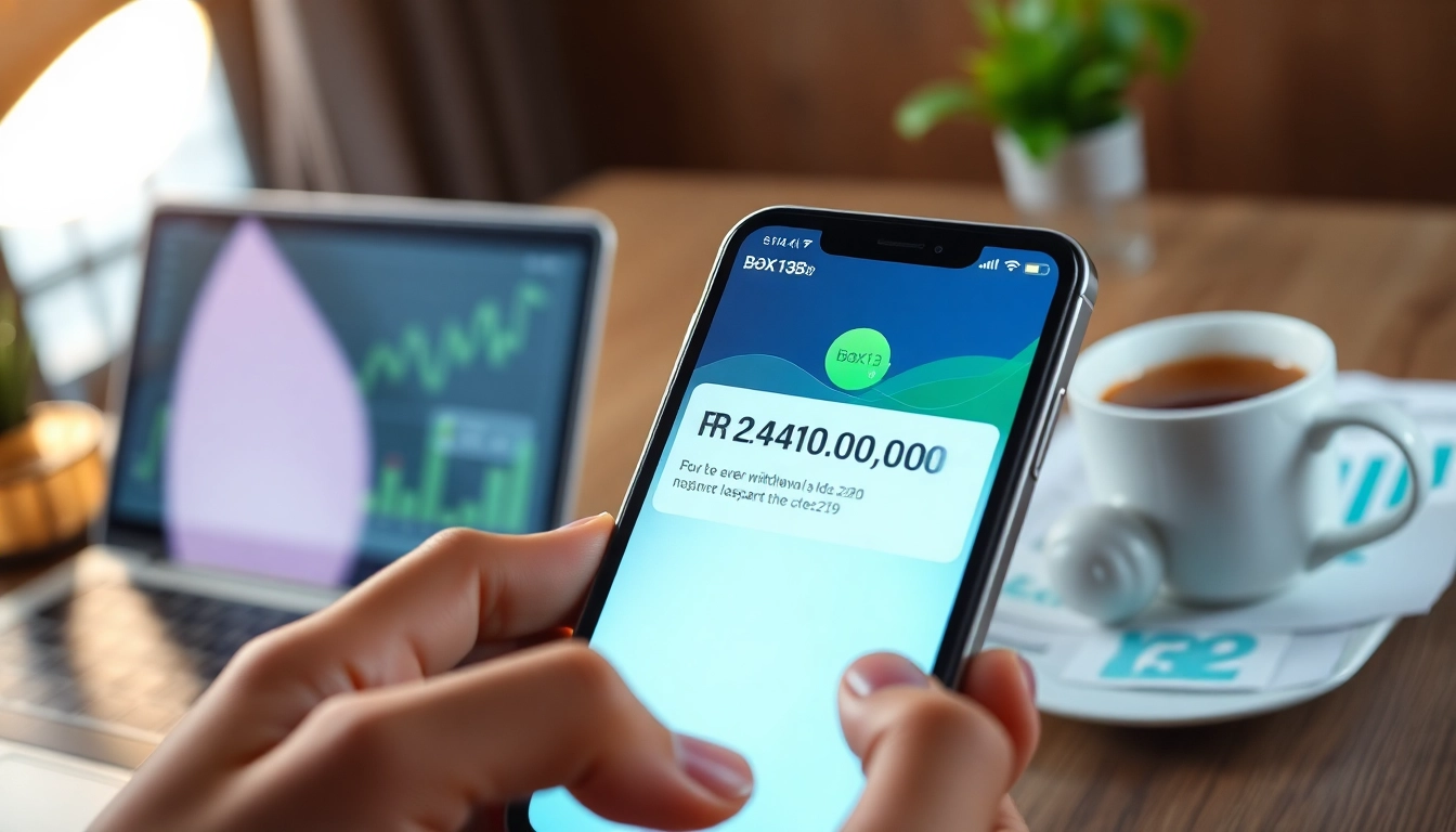 Confirming a successful transaction on the BOX138 app with a withdrawal of Rp 2.424.000,00 in a modern workspace.