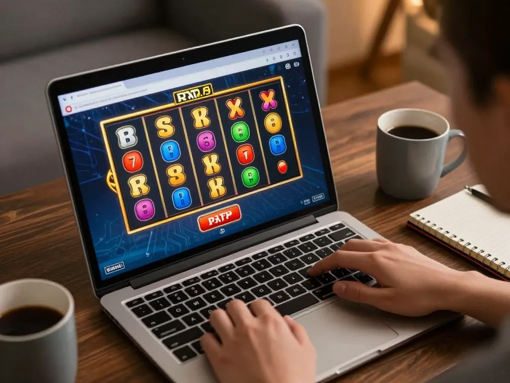Engaging with situs slot gacor through an exciting online slot game interface on a laptop in a cozy home setting.