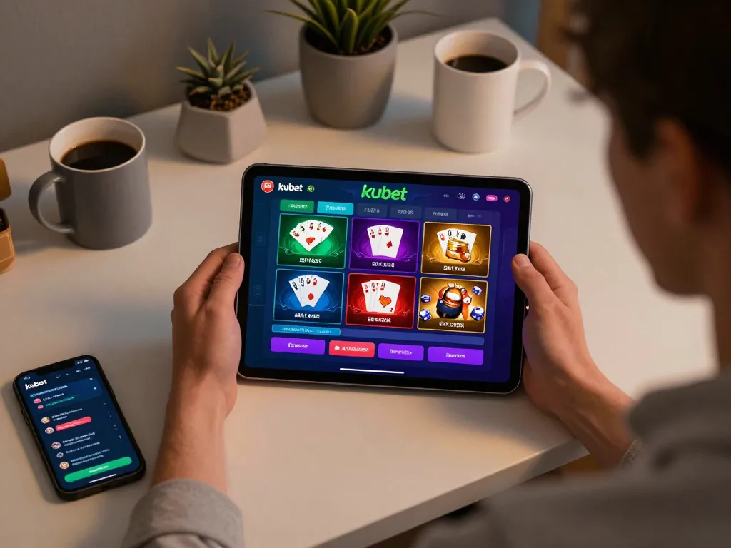 Kubet player strategizing on tablet for online casino games, showcasing engaging interface and cozy home environment.