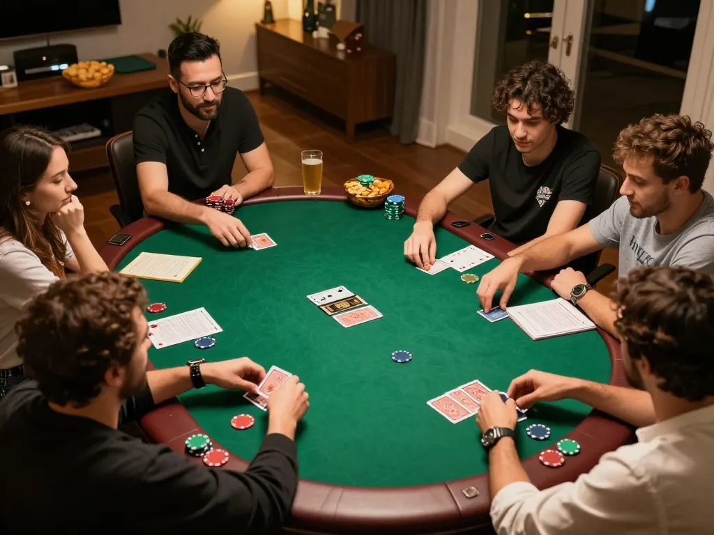 Players enjoy a lively poker night while strategizing their bets at a vipwin home game.