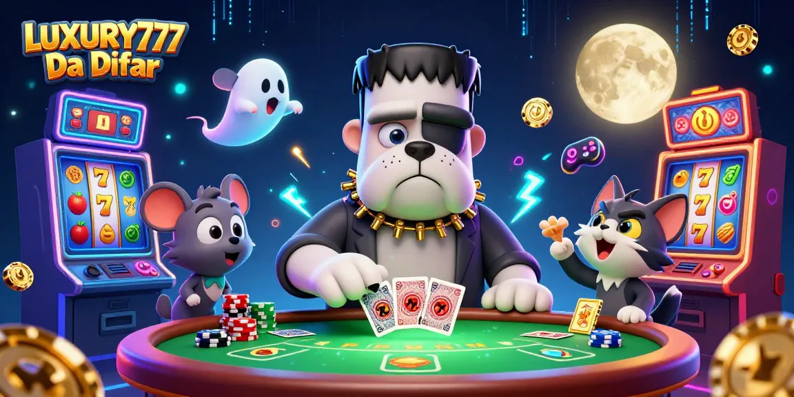 Gambarlah LUXURY777 Daftar saat Frankenstein bulldog memberikan kartu di meja poker dengan suasana menyeramkan.