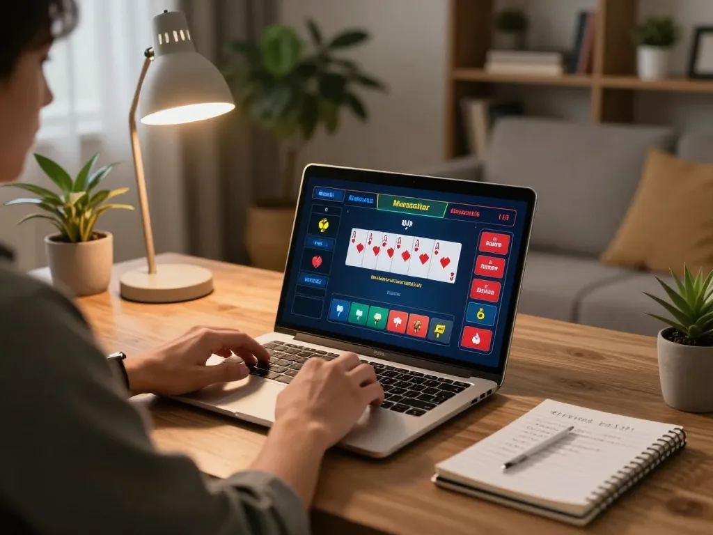 Person playing poker on vipwin app at home, showcasing strategic gameplay and relaxed atmosphere.