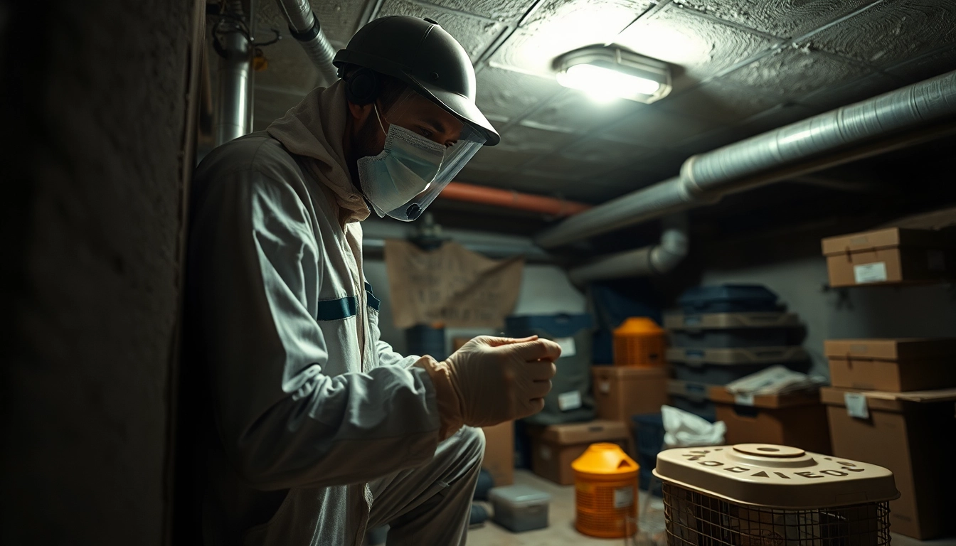 Basement insect exterminator applying pest control treatment in a dim environment.