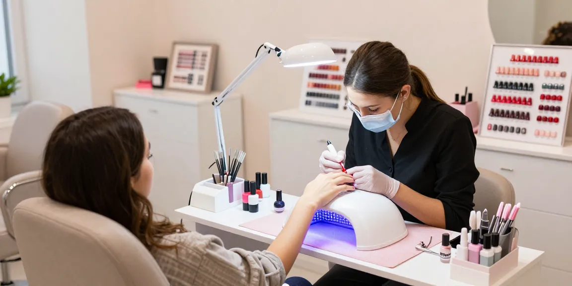 Tehnician profesionist în unghii folosind lampa UV LED unghii într-un salon elegant pentru manichiură cu gel.
