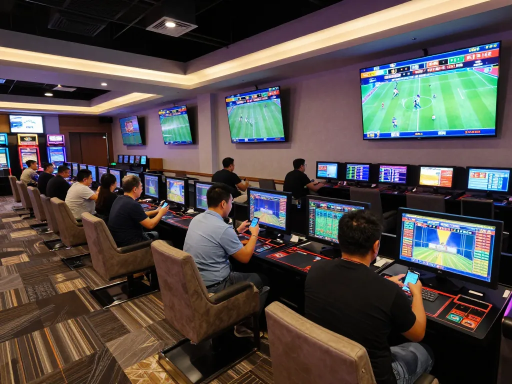 Patrons engaging in sports betting at MB88 lounge, analyzing odds and placing bets