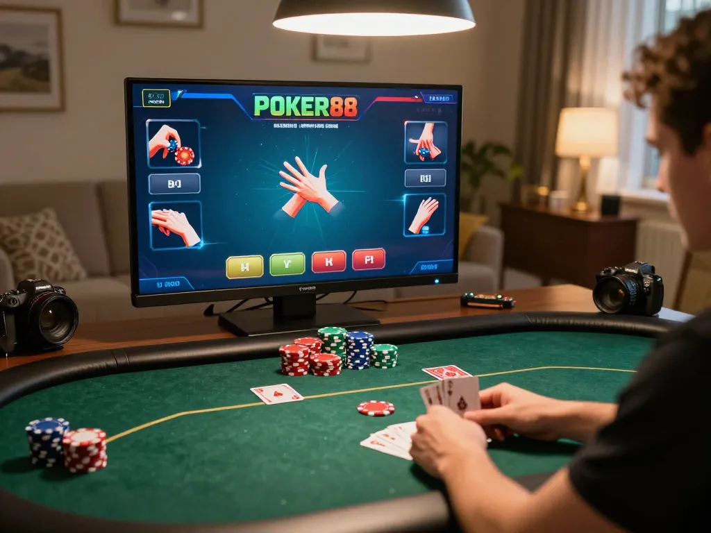 Players engaging in strategic gameplay on the POKER88 online poker platform, capturing the excitement and dynamic action of online gambling.