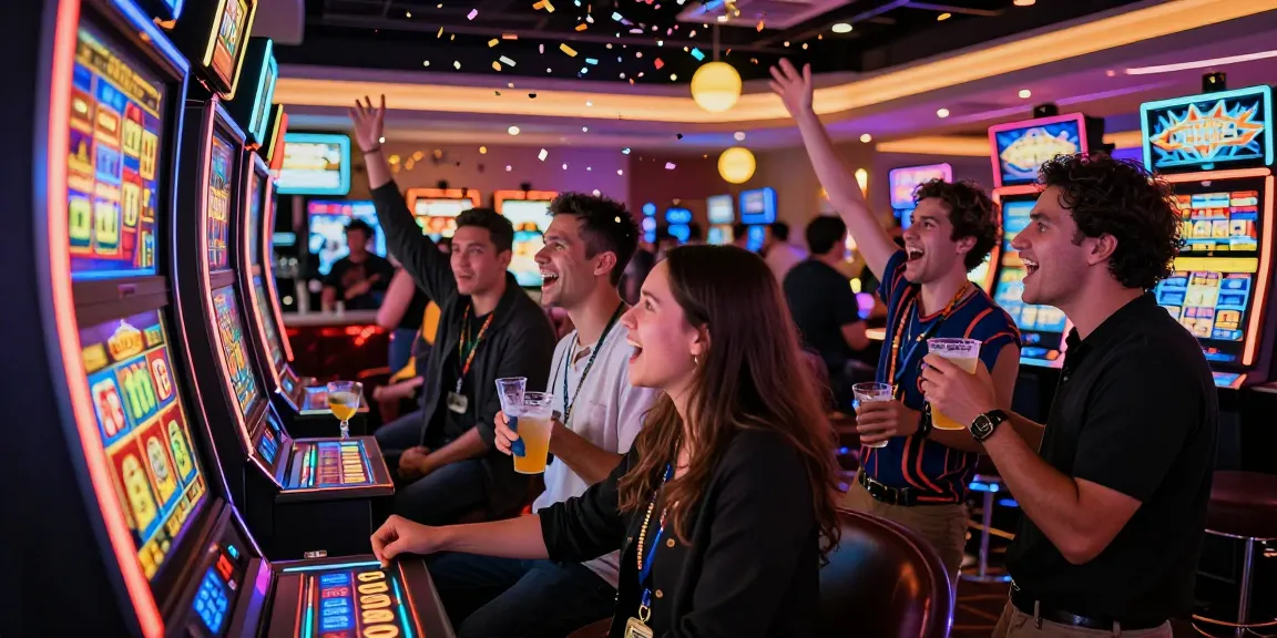 Excited players engaging with a slot machine in a vibrant casino setting.