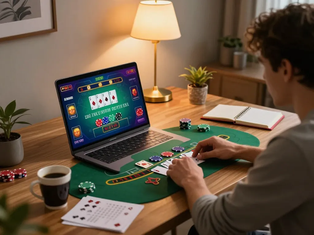 S666 player enjoying live blackjack on laptop in a cozy home gaming setup, emphasizing responsible gaming.