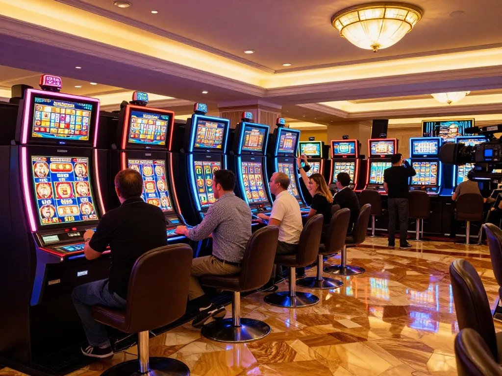 Situs 1k players engaging with colorful slot machines at a vibrant casino, capturing the thrill of winning and casino excitement.