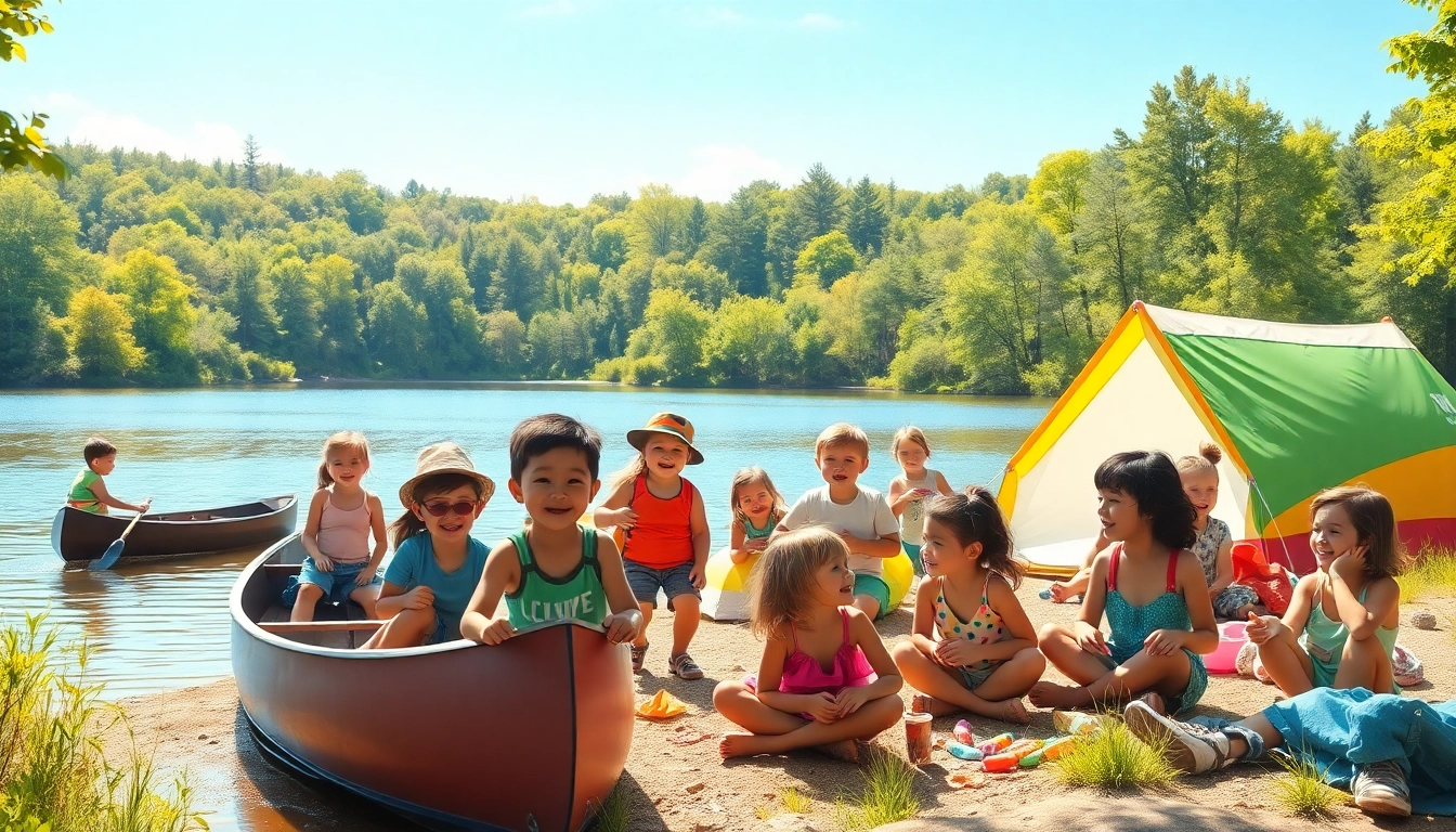 Kids enjoying fun activities at illinois summer camps by a vibrant lakeside.