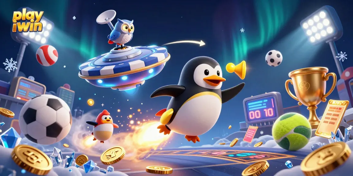 Play iwin with thrilling casino adventures featuring a golden penguin and dynamic sports elements.