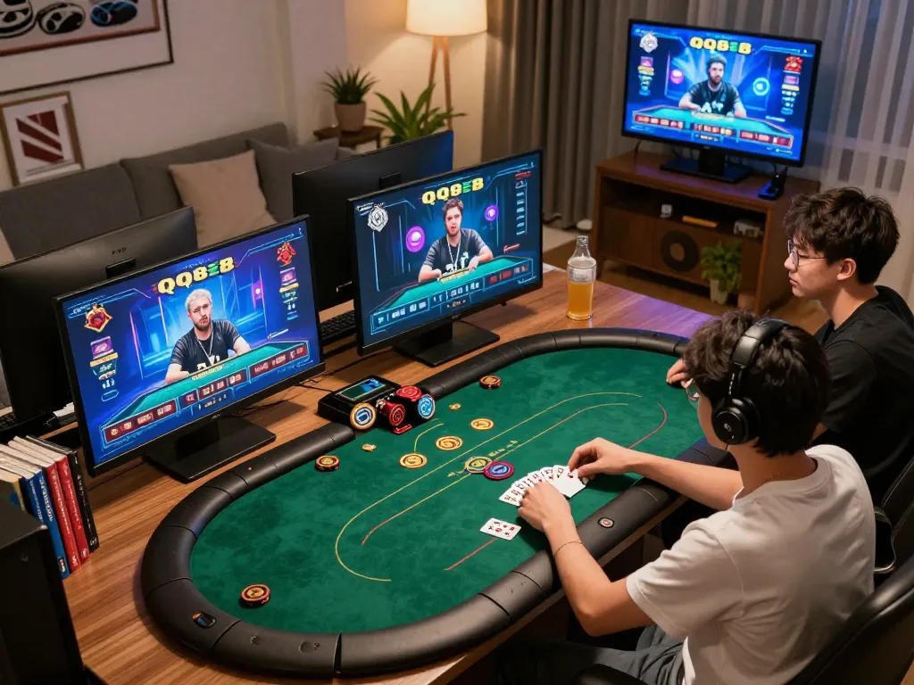 Players enjoy an intense QQ88 poker game on multiple screens in a cozy online gaming setup