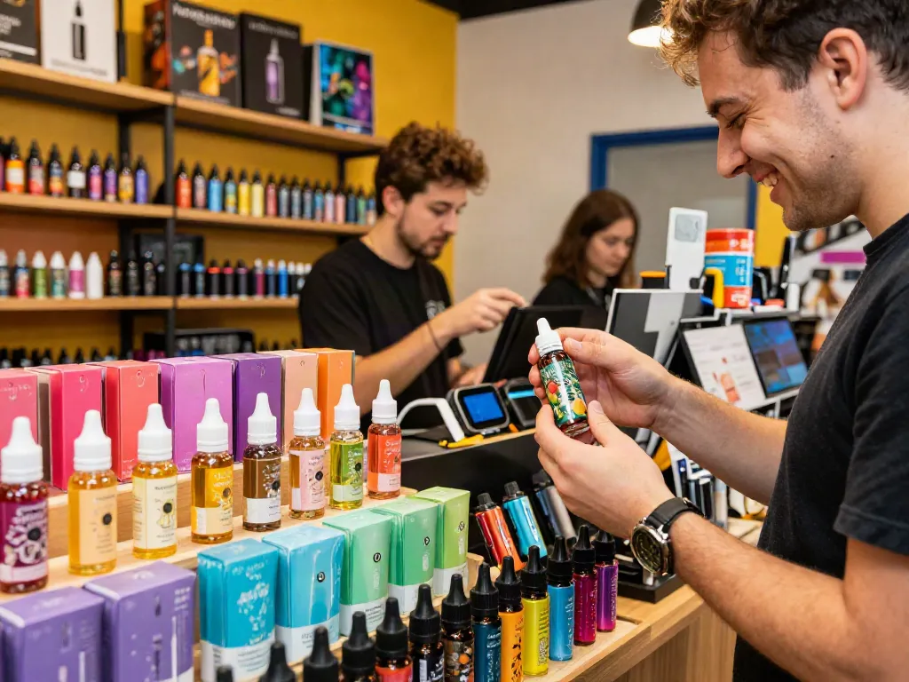 A vibrant vape shop scene with Nomenon e liquid 100ml on display, colorful bottles, and happy customers.