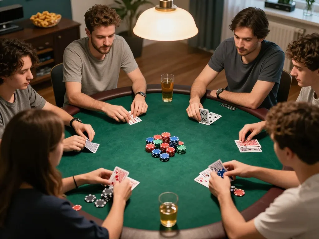 Engaged players in a thrilling tg88 poker game at home, showcasing camaraderie and strategy.